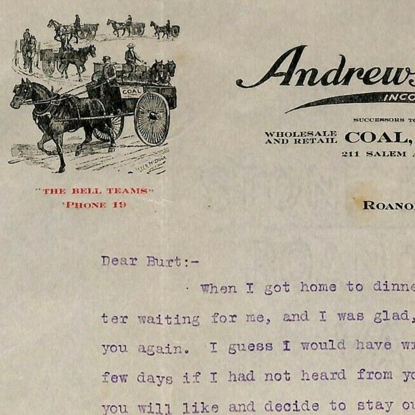 1915 Scarce 2 pg. Andrews-Tinsley Co. Coal Letterhead Roanoke, Virginia w/ Cover