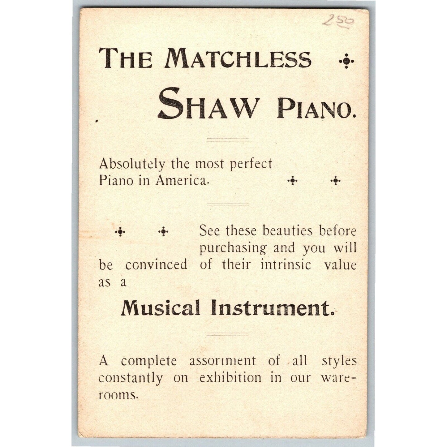 "The Matchless Shaw Piano" Outdoor Winter Home Scene - Victorian Trade Card