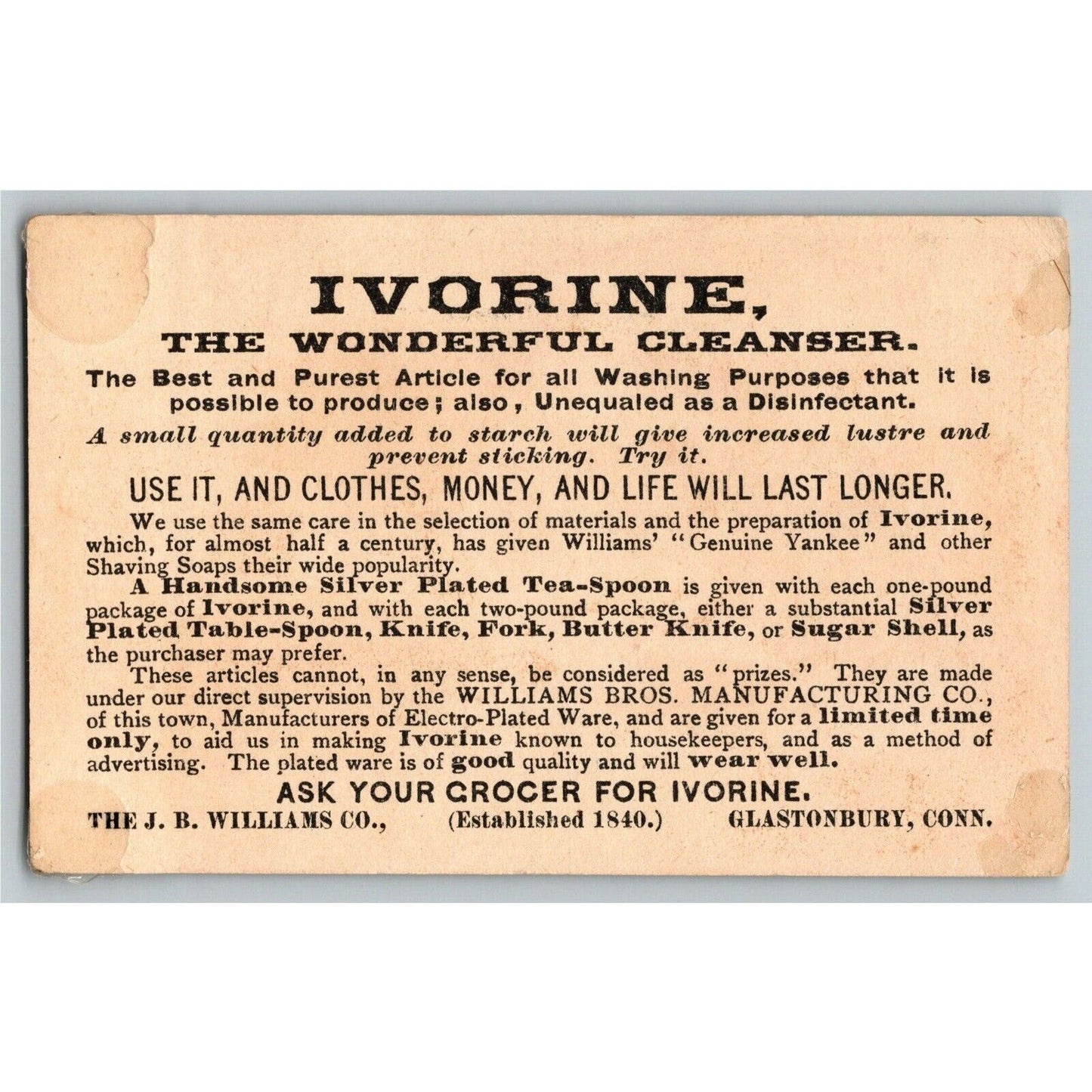 Ivorine Cleanser For All Washing Purposes Glastonbury, CONN Victorian Trade Card