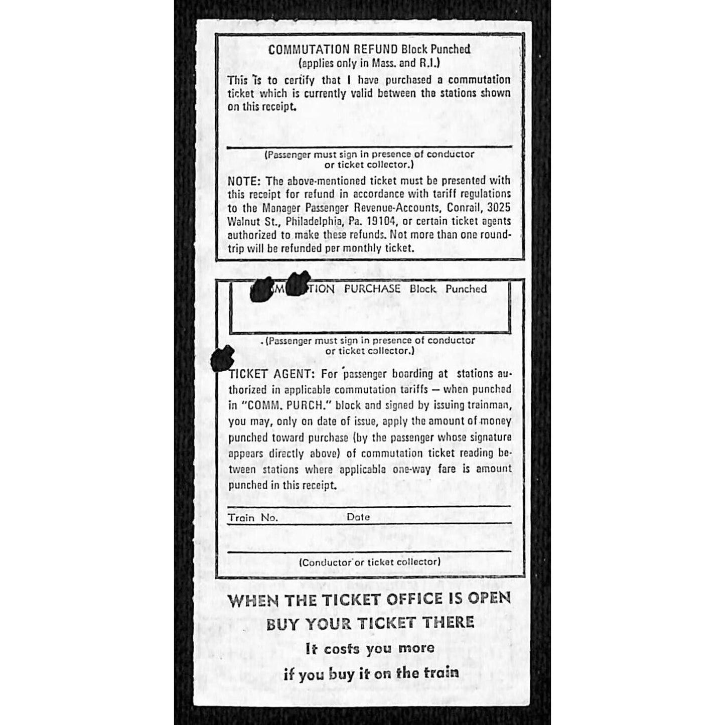 Conrail (1976-99) Conductor's Train Fare Receipt c1970's-80's