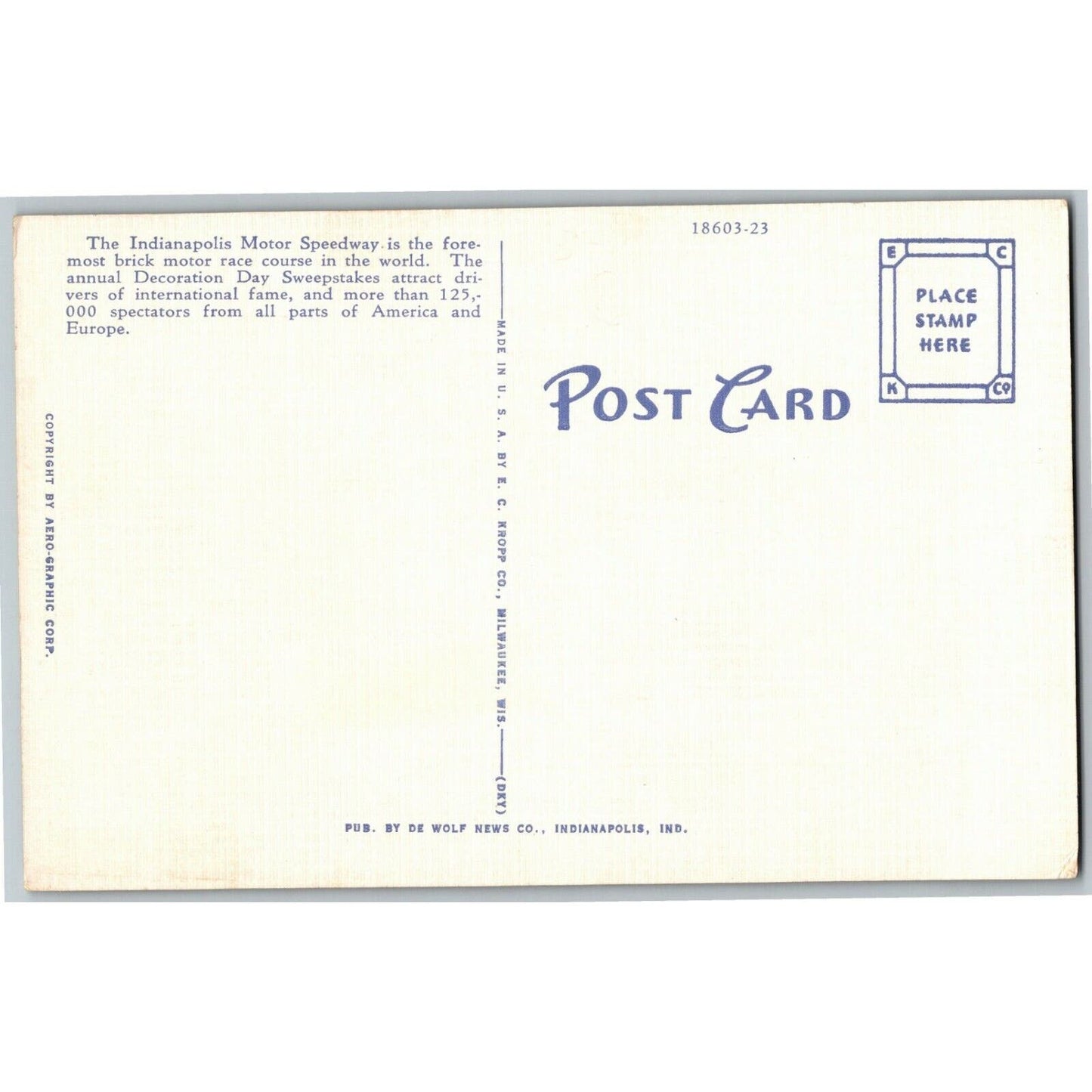 Indy 500 Linen Postcard 1937 "The Speedway, Indianapolis" Unposted VGC