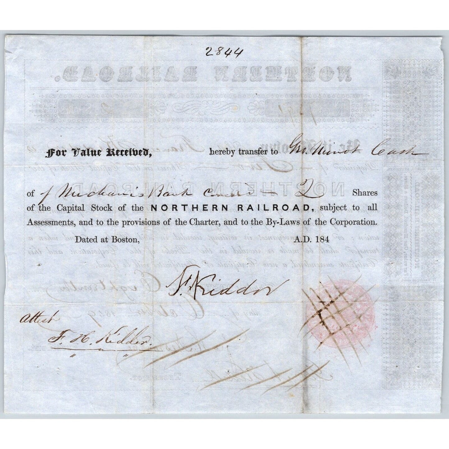 1849 Boston, MA Northern Railroad Stock Certificate No. 7391 for 2 Shares