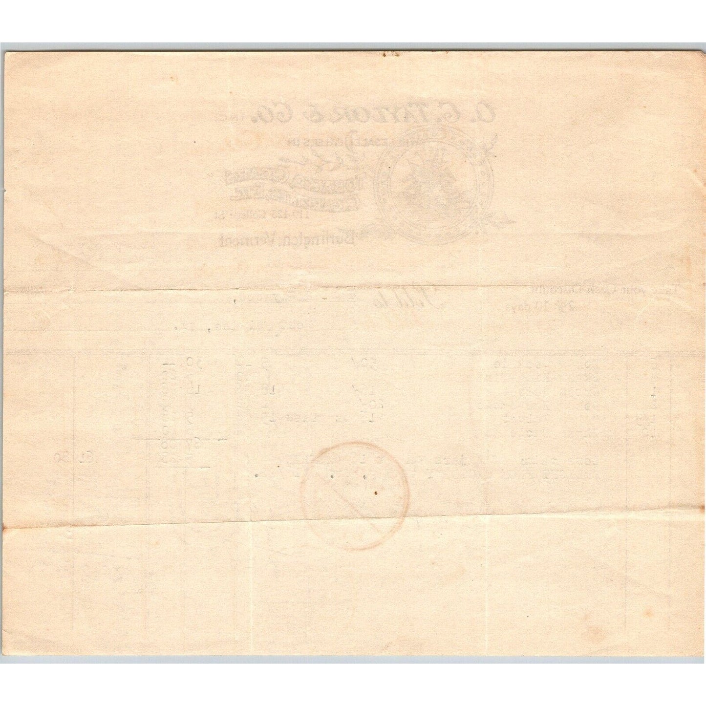 Burlington, VT O.C. Taylor & Co. Tobacco Cigars Cigarettes 1922 Billhead