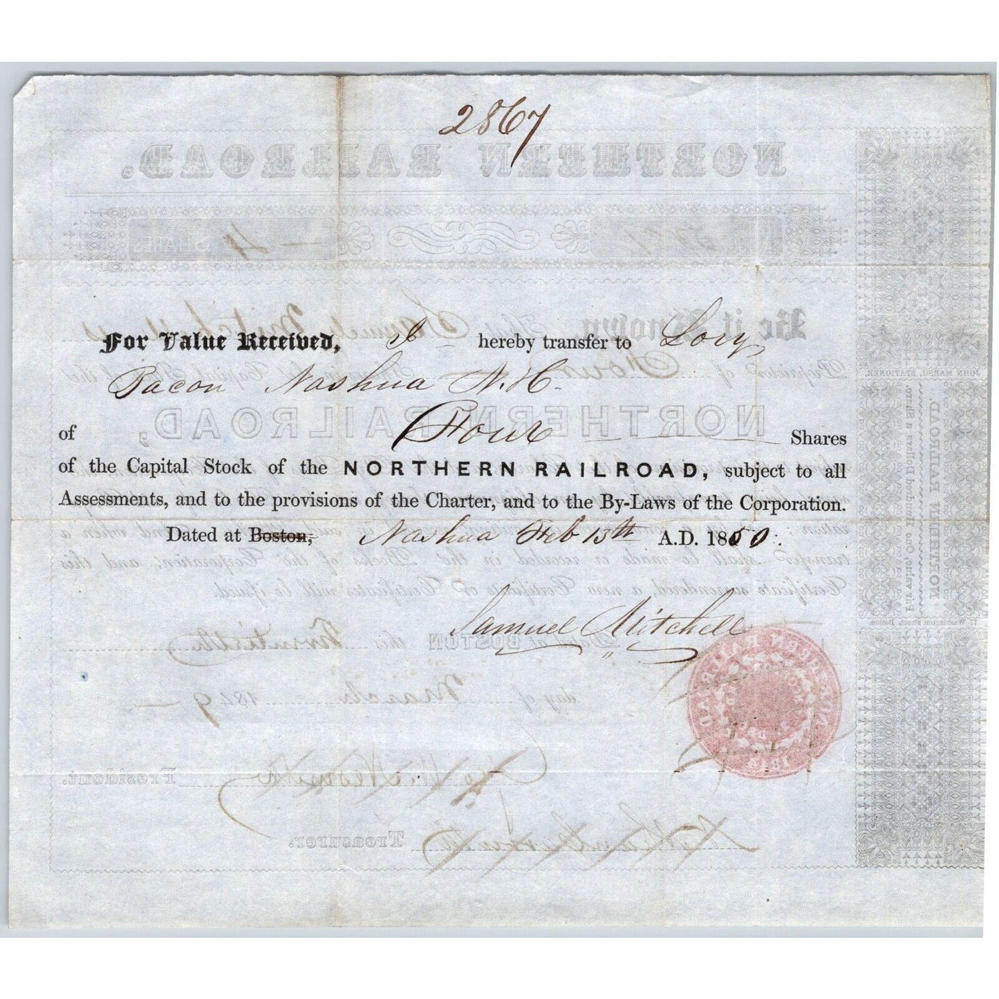 1849 Boston, MA Northern Railroad Stock Certificate No. 5081 ? for 4 Shares