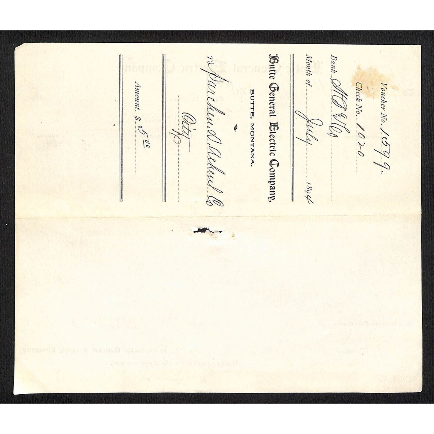 Butte, MT General Electric Power Company 1894 Billhead Parchen & D'Arclieul Drug