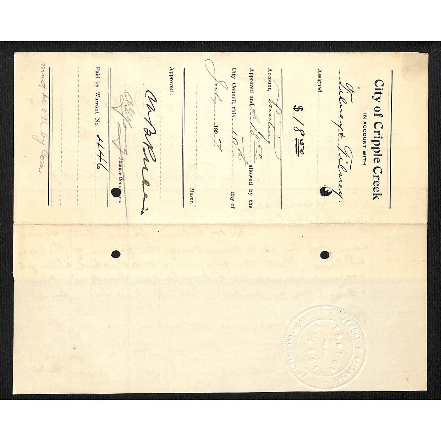 Cripple Creek, CO 1897 Tilney & Tilney Printers & C.C Attached Billheads VGC
