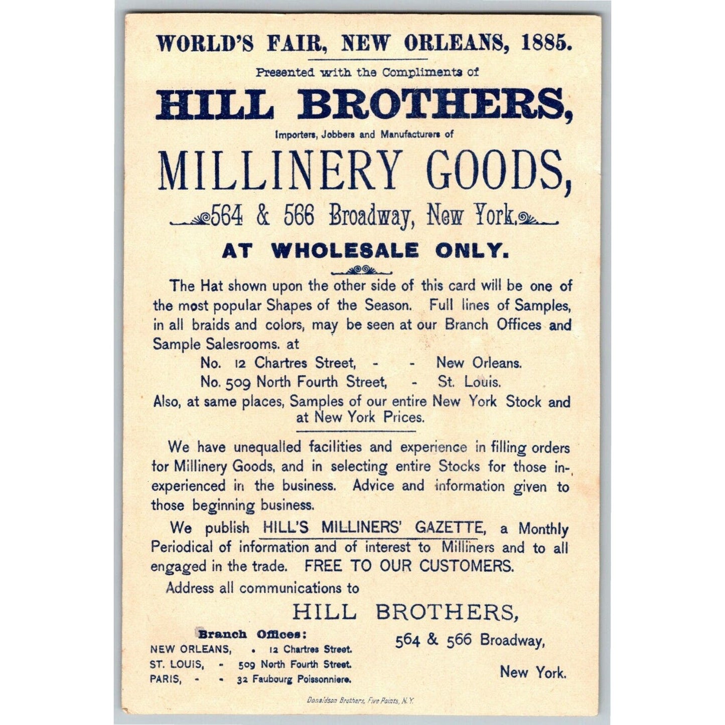 1885 New Orleans World's Fair Hill Bros. Millinery Large Victorian Trade Card