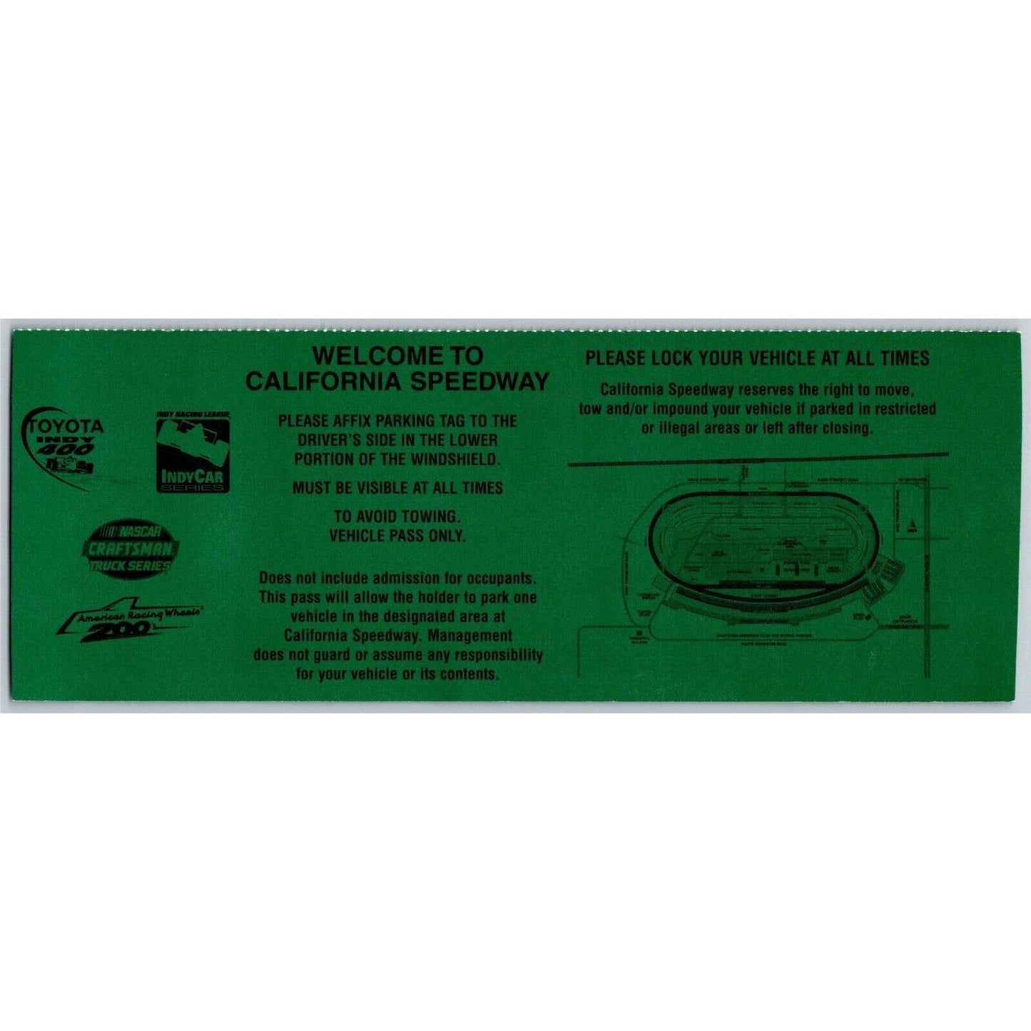 California Speedway "TS" Parking Tag - 3" x 8 3/4" VGC