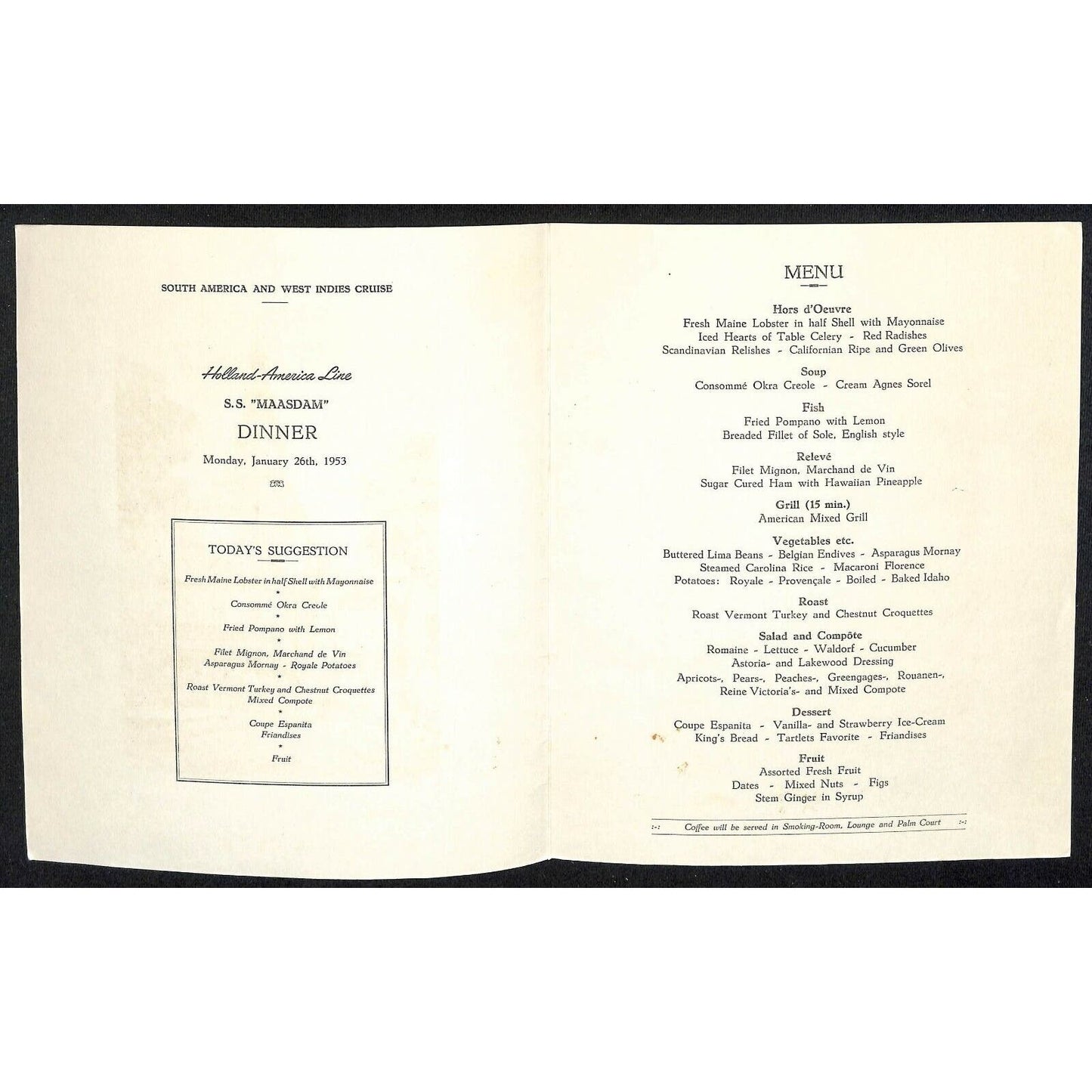 1953 Holland-America Maasdam West Indies Cruise Line Dinner Menu Jan 26 - VGC