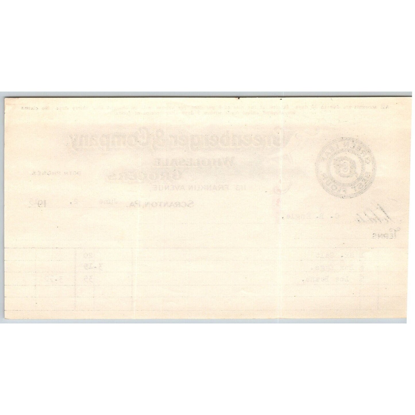 Scranton, PA Greenberger & Co. Grocers 1915 "C.B. Engel" Billhead Salt Peas