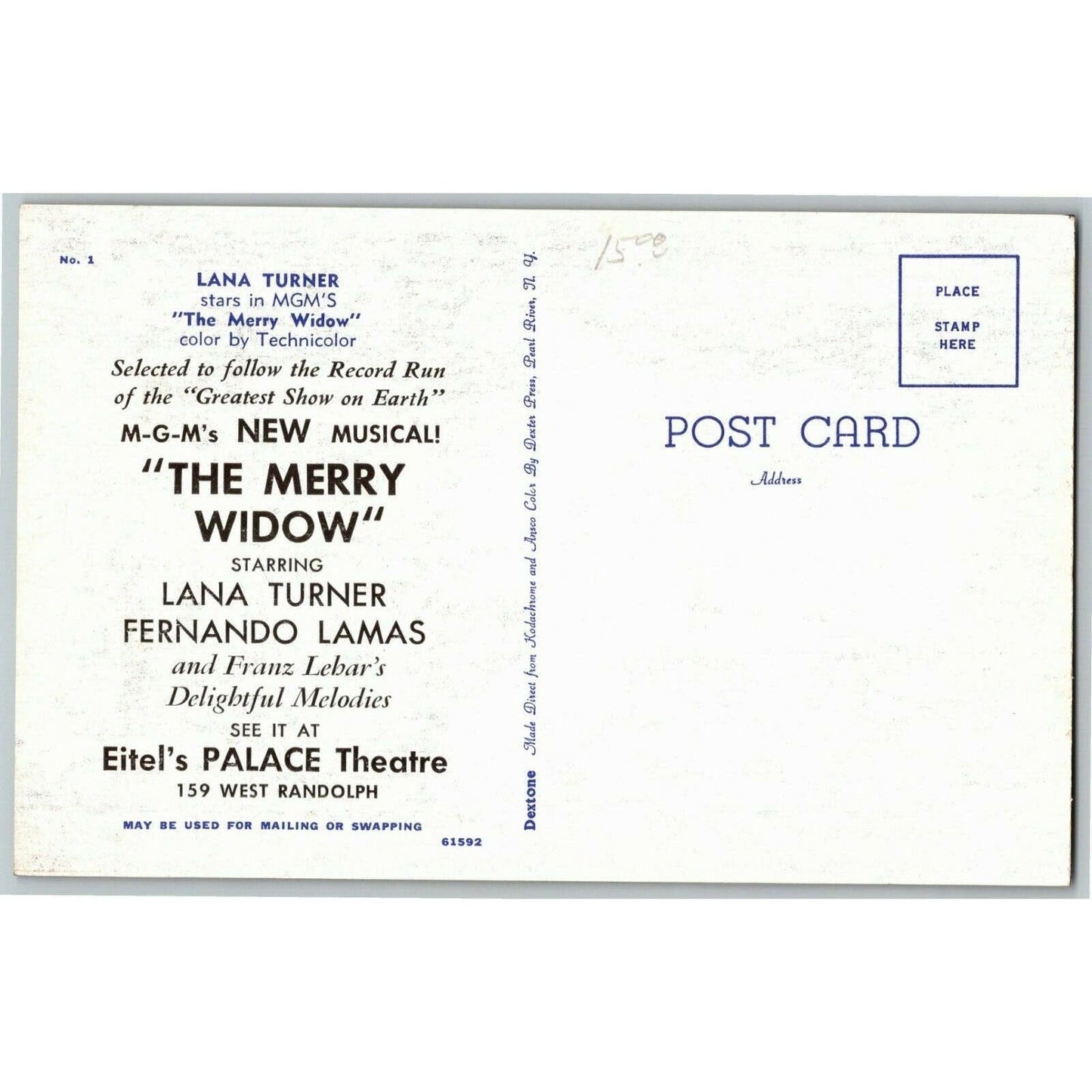 Lana Turner "The Merry Widow" Postcard Ken Prag Collection - VGC - Unposted