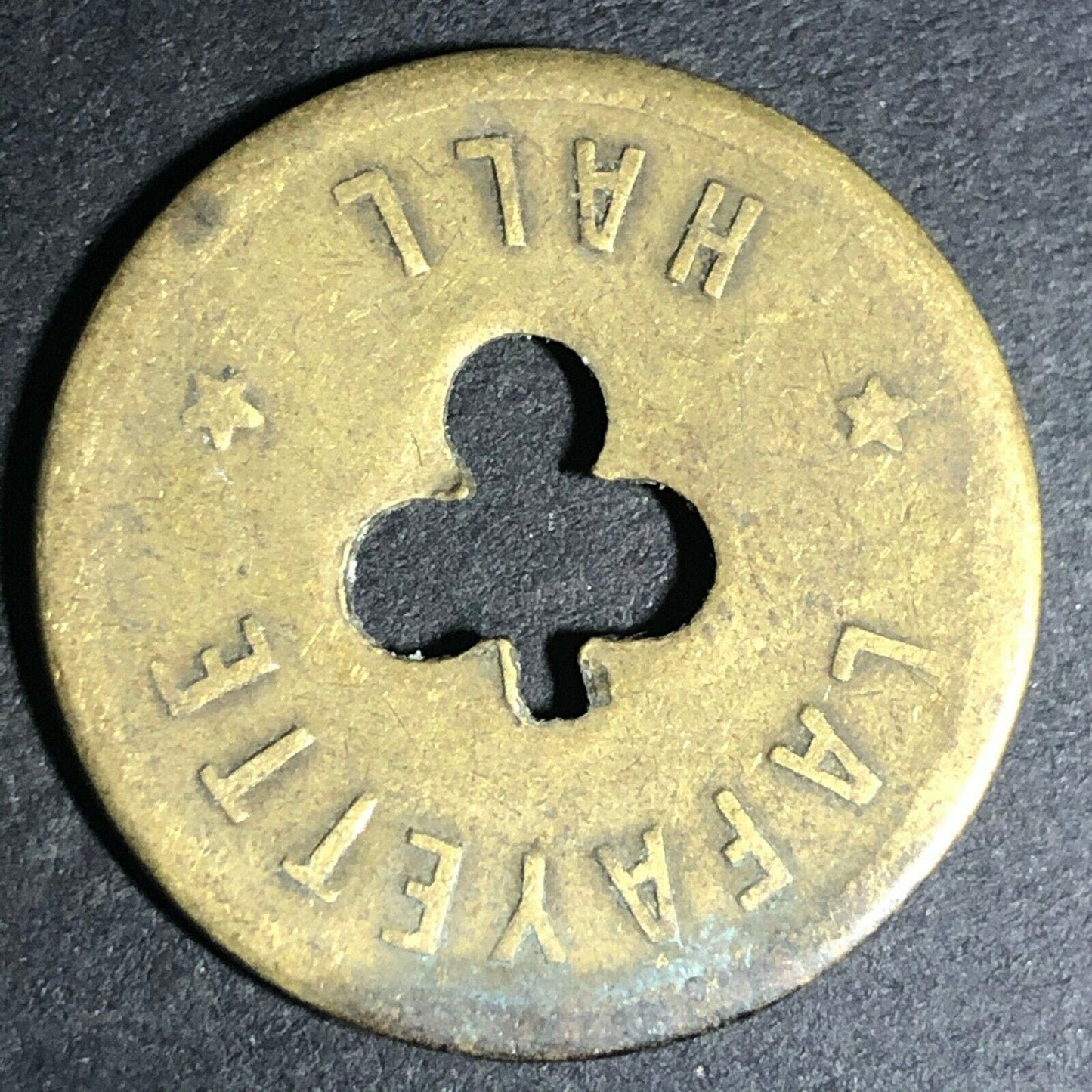 24.5mm Brass Lafayette Hall (Saloon Sacramento, CA) Token Clover Shamrock (#23)