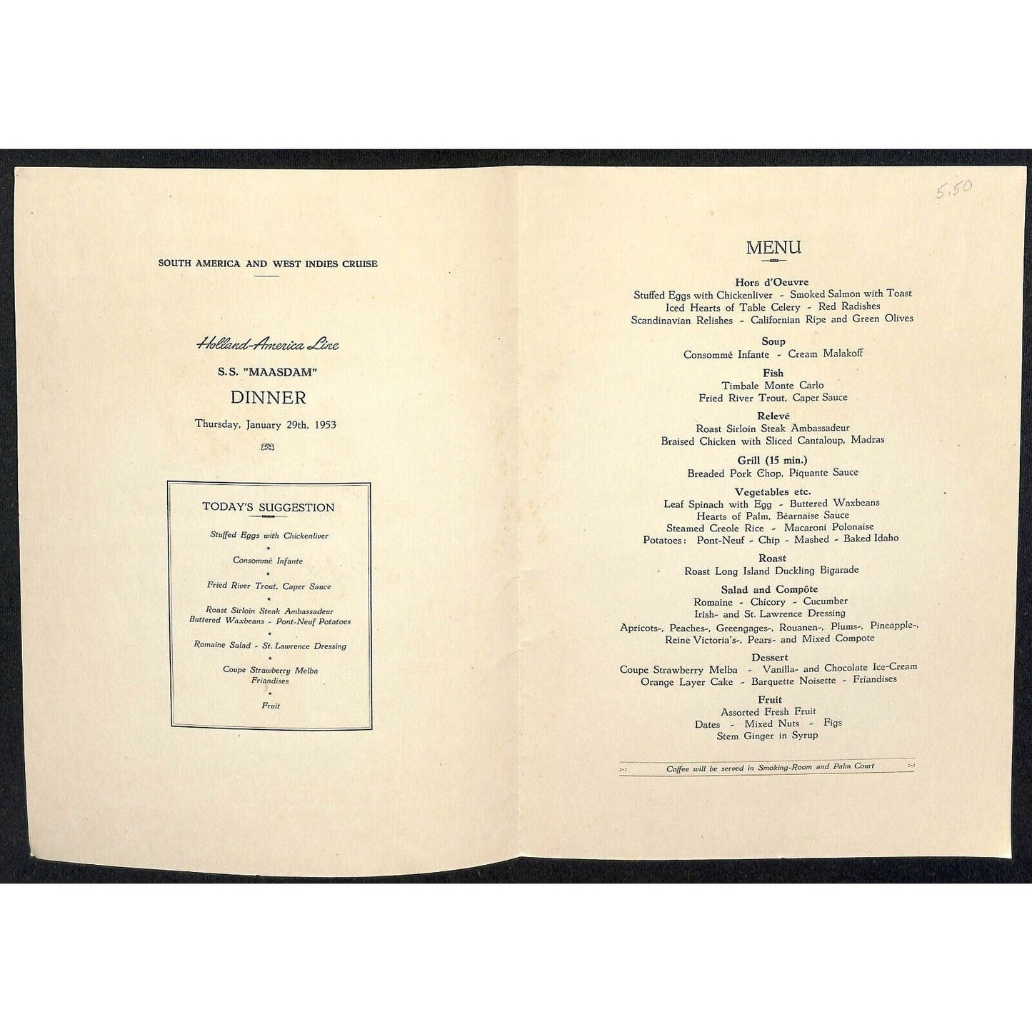 1953 Holland-America Maasdam West Indies Cruise Line Dinner Menu Jan 29 - VGC
