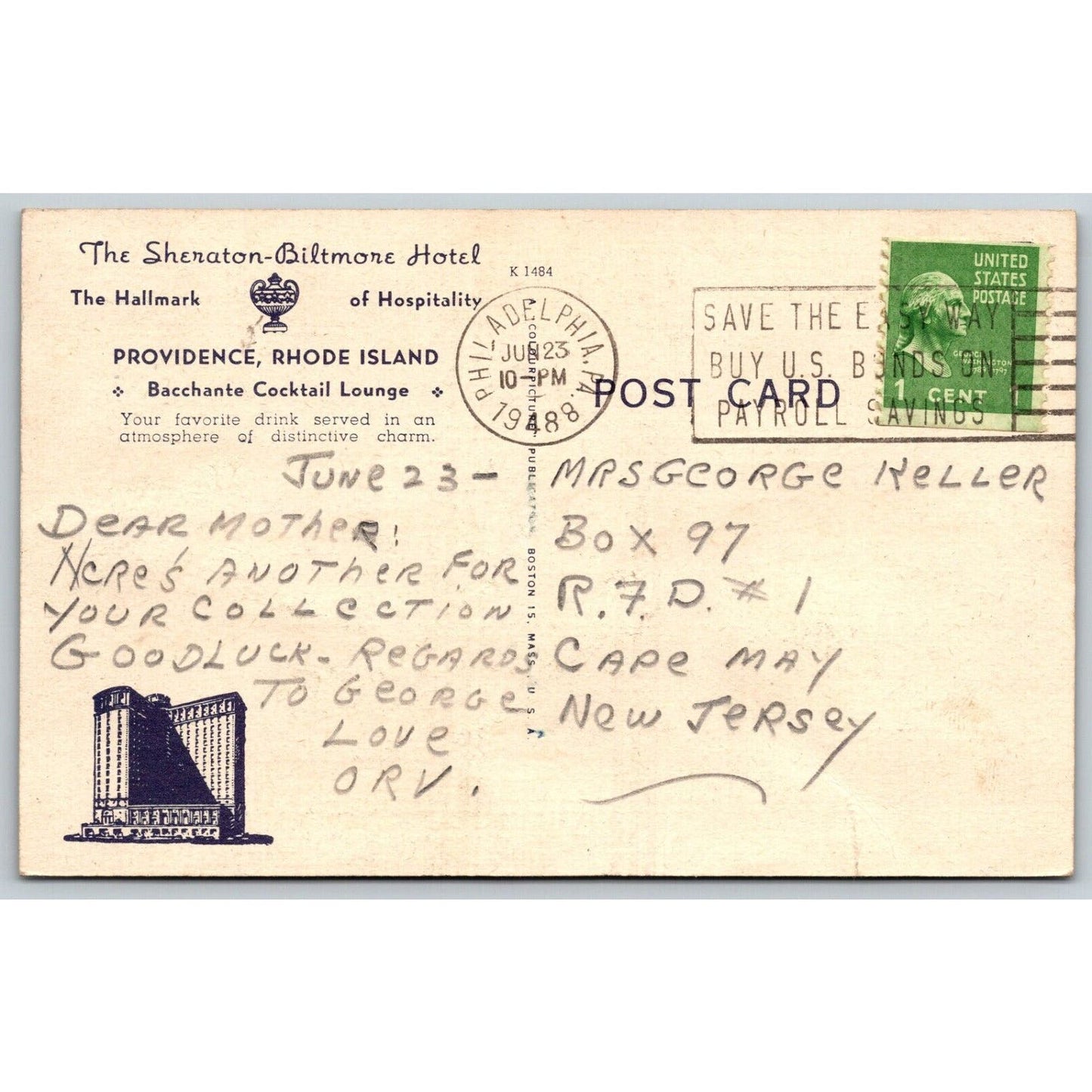 Providence Rhode Island Sheraton Biltmore Linen Advertising Postcard PM 1948 VGC