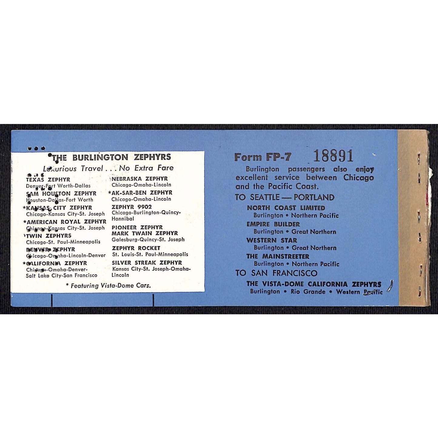 1961 Burlington Route Zephyrs Railroad Ticket Folio / Booklet Cover VGC