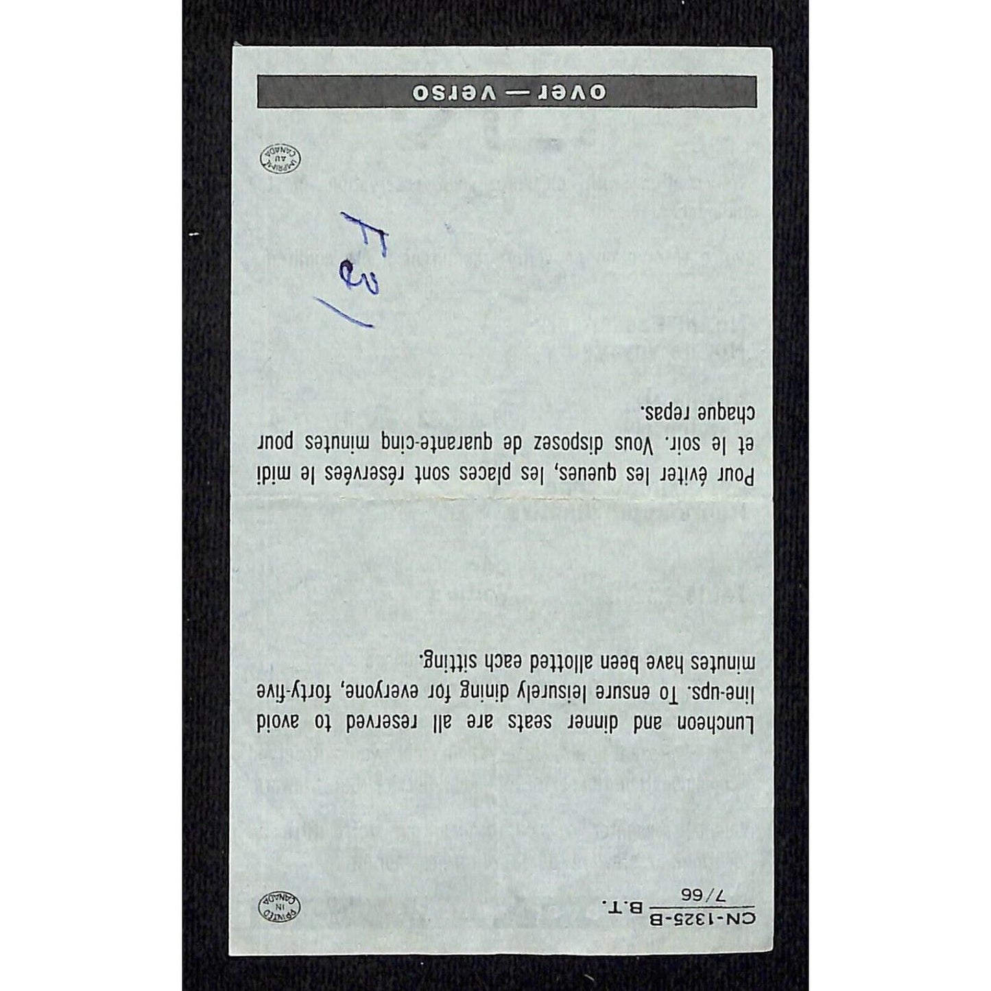 Canadian National Railway / Railroad c1966 Dining Car Reservation Slip