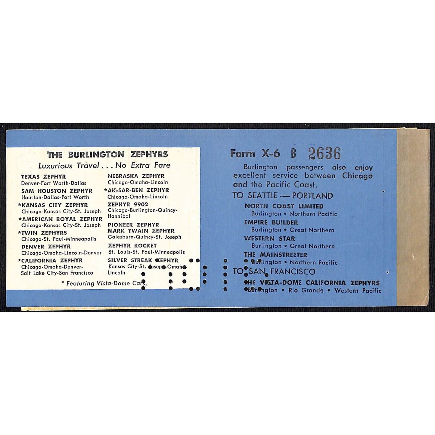 c1961 Burlington Route Zephyr Ticket Folio / Cover Salt Lake City Denver