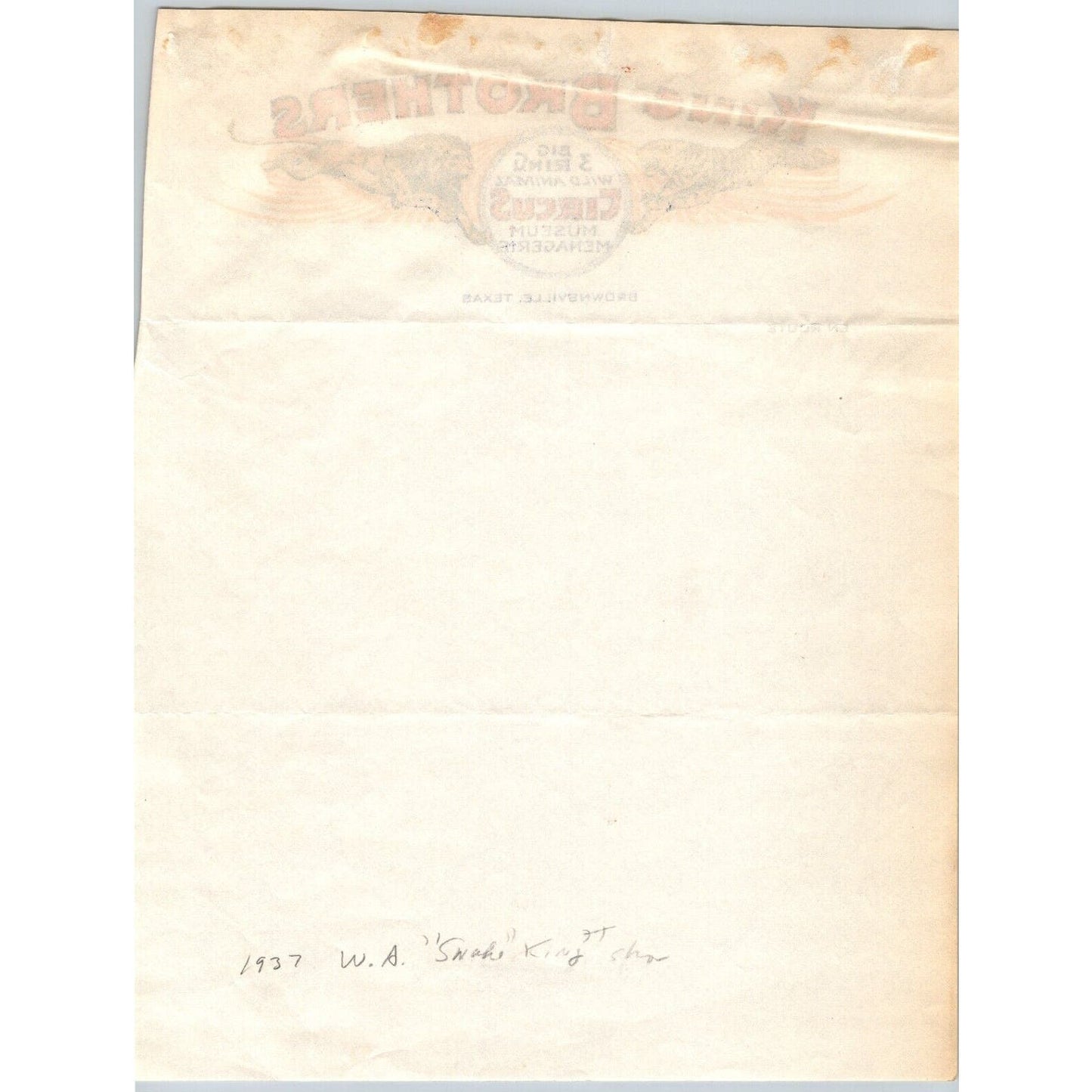 King Brothers Three Ring Wild Animal Circus Letterhead c1937 Brownsville Scarce