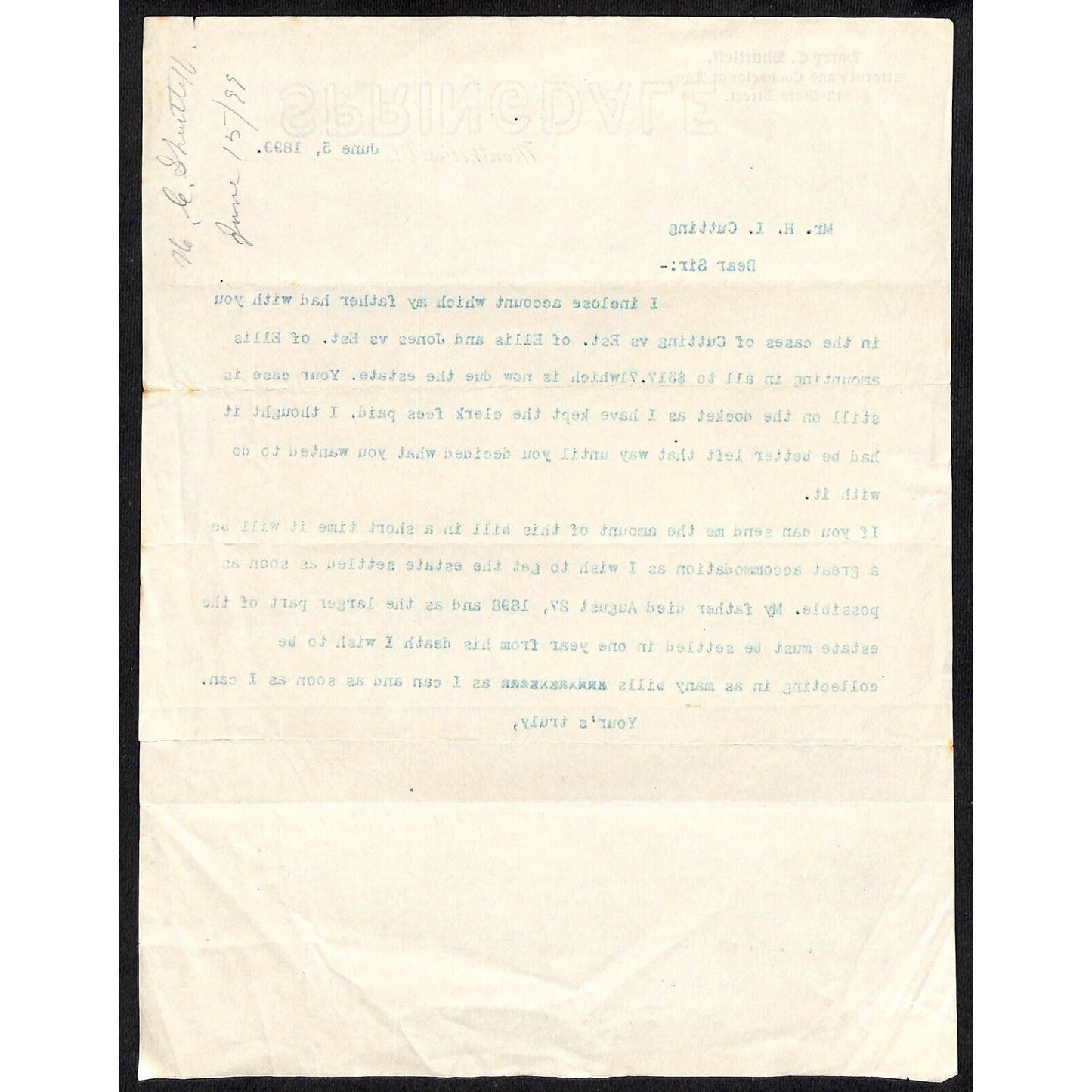 Montpelier, VT Harry C. Shurtleff Attorney 1899 Letterhead re: Father's Estate