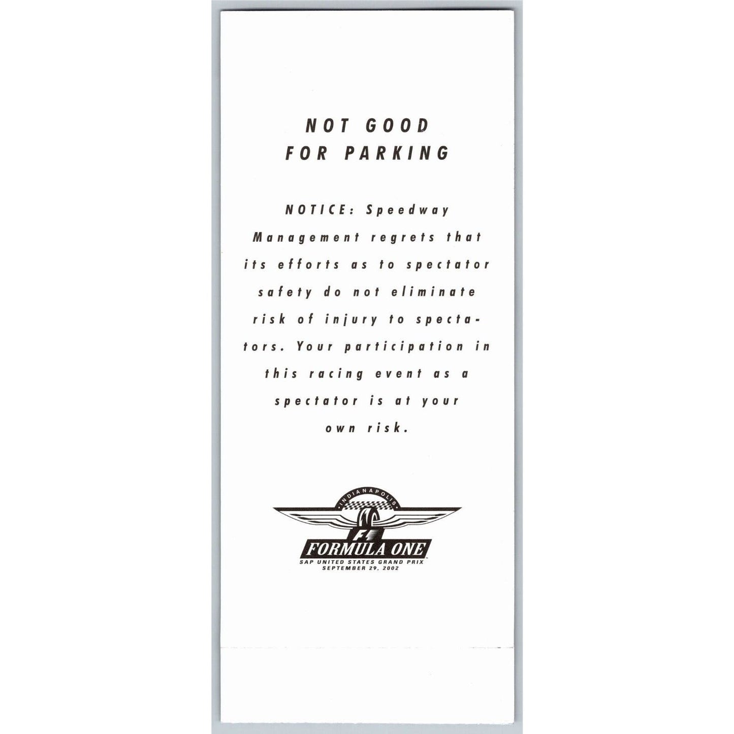 2002 Indianapolis Formula One Grand Prix Racing Hulman Suite Ticket Stub #48