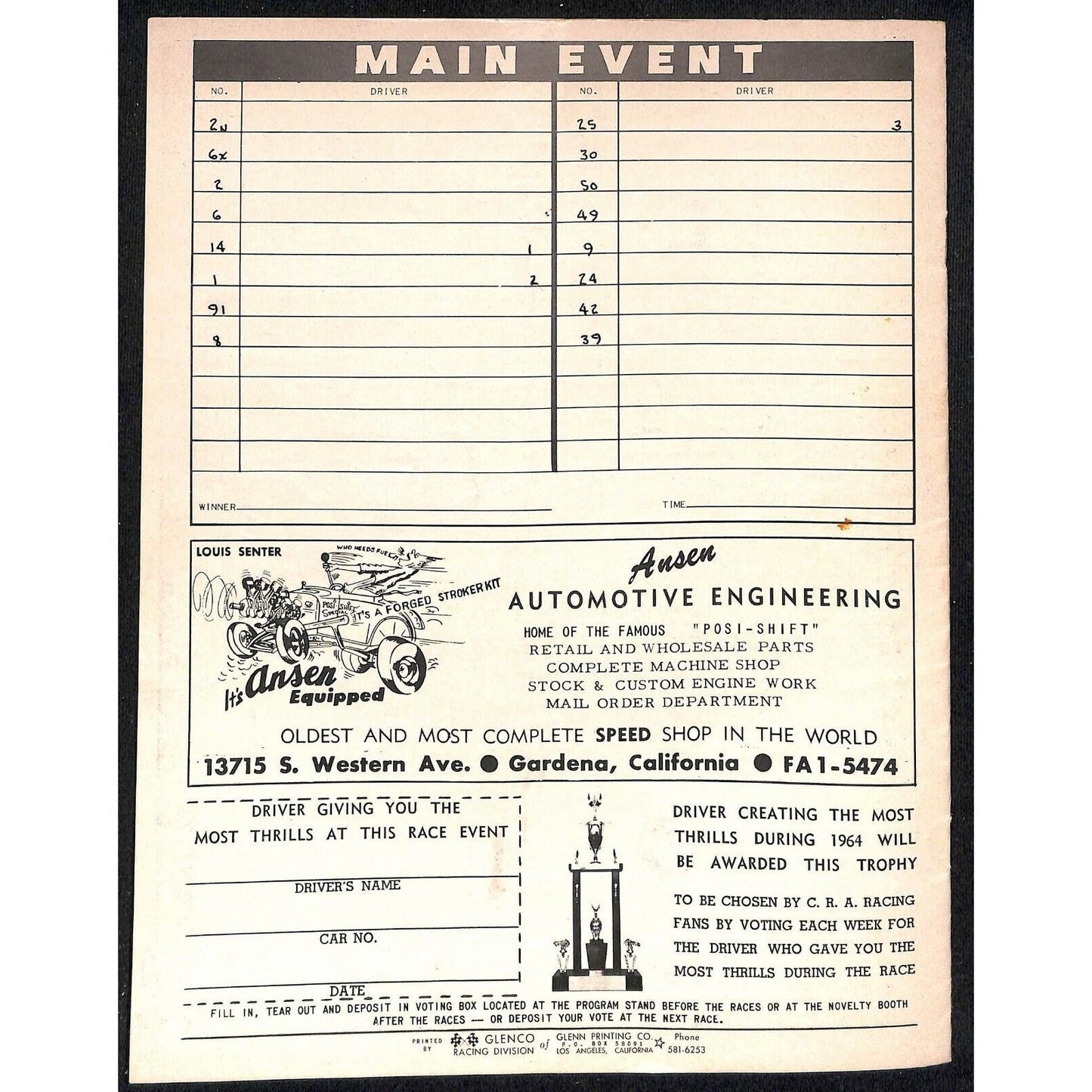 Scarce Aug 19 1964 Big Car Auto Racing CRA Program Miss Ascot Gardena, CA 10pp.
