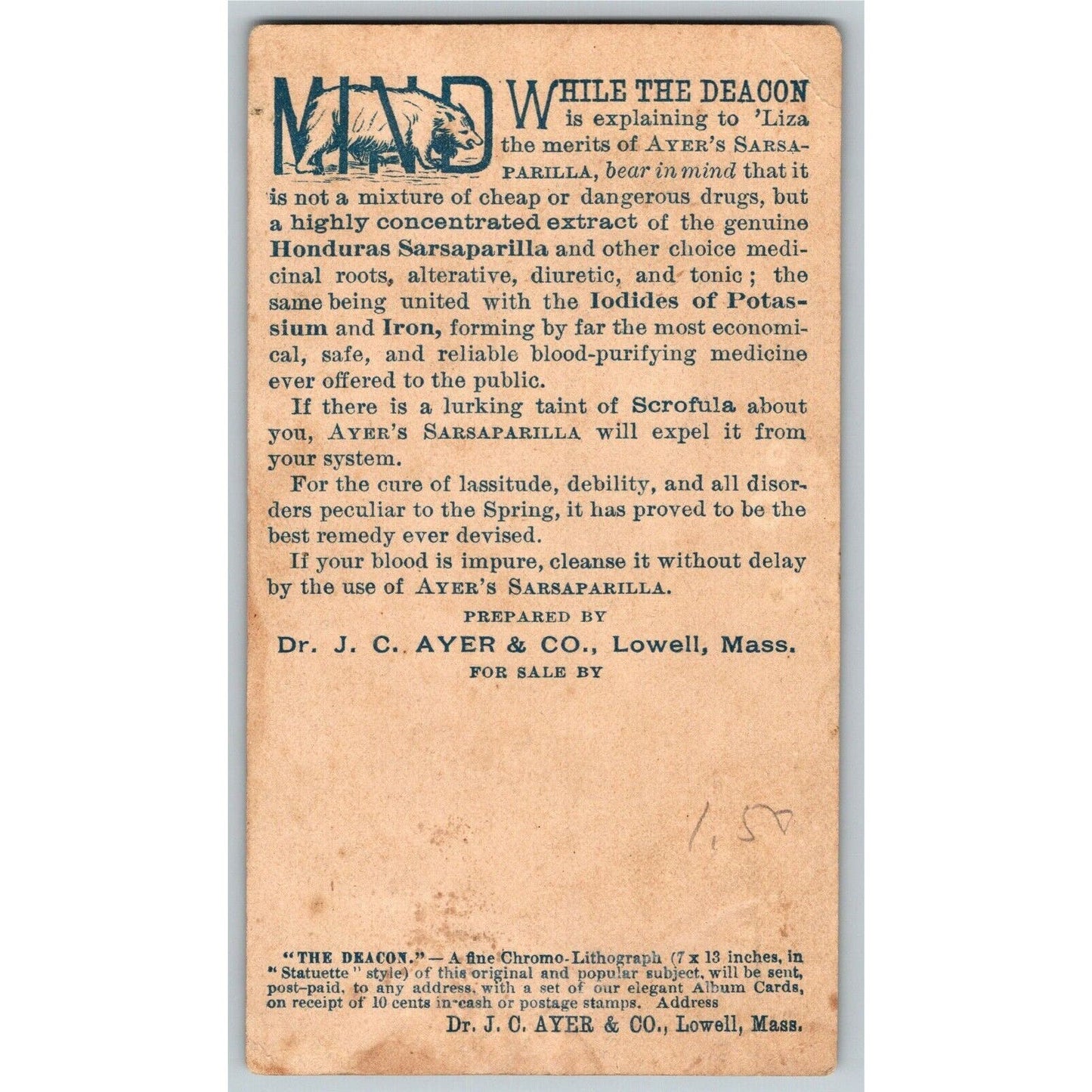 Ayer's Honduras Sarsaparilla Deacon Reads List of Cures Victorian Trade Card