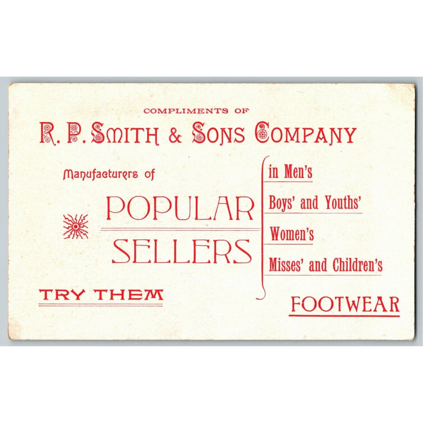 1893 Chicago World's Fair Trade Card R.P. Smith & Sons Boys' Misses' Footwear