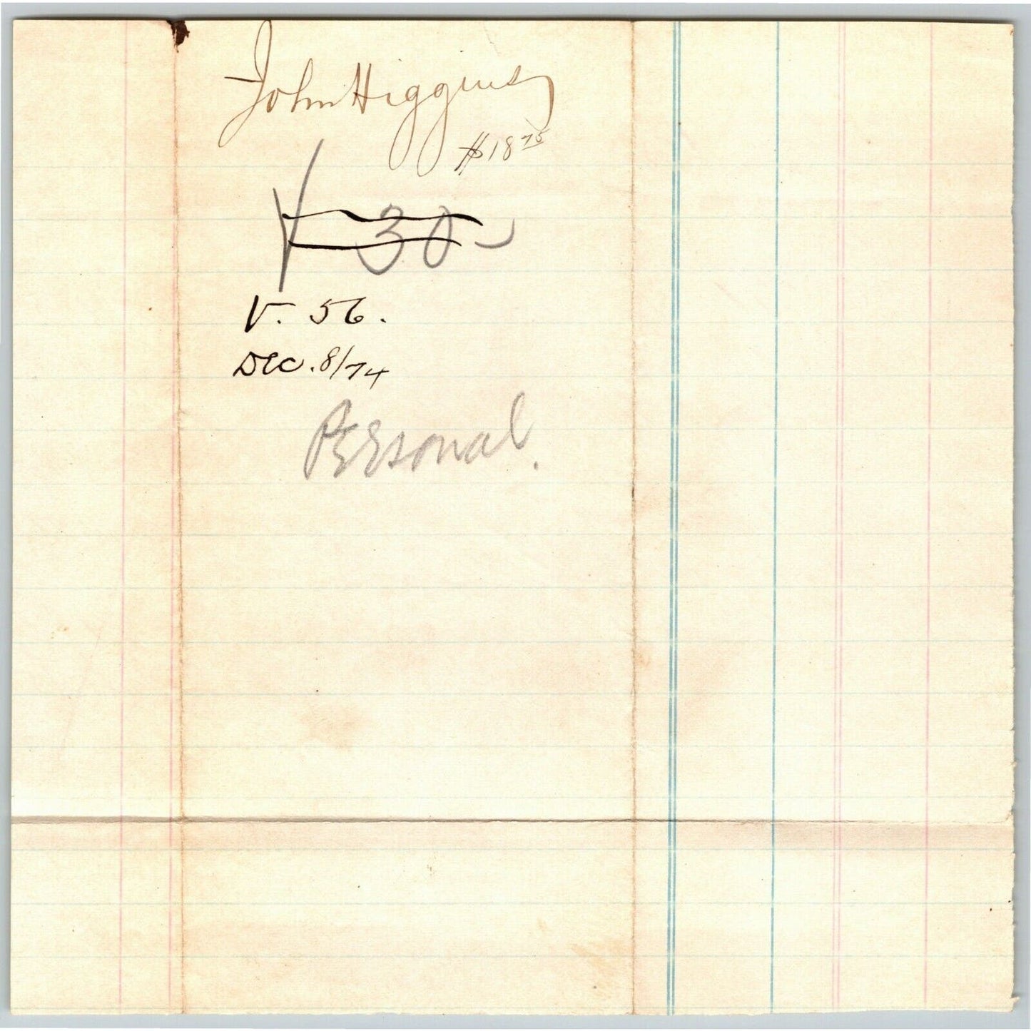Flushing, Long Island John Robinson to John Higgins Handwritten Receipt 1874