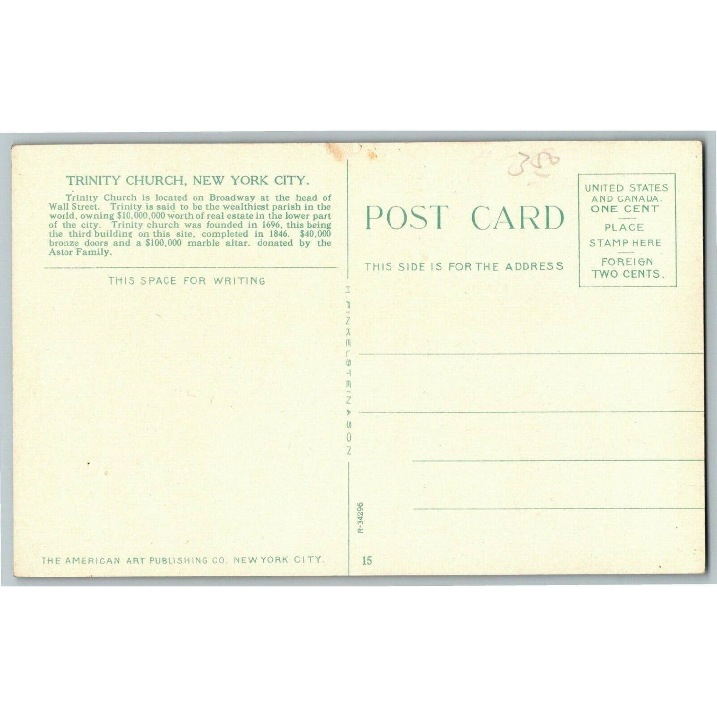 Vintage c1918-25 New York Postcard "Trinity Church" (American Art Publishing)
