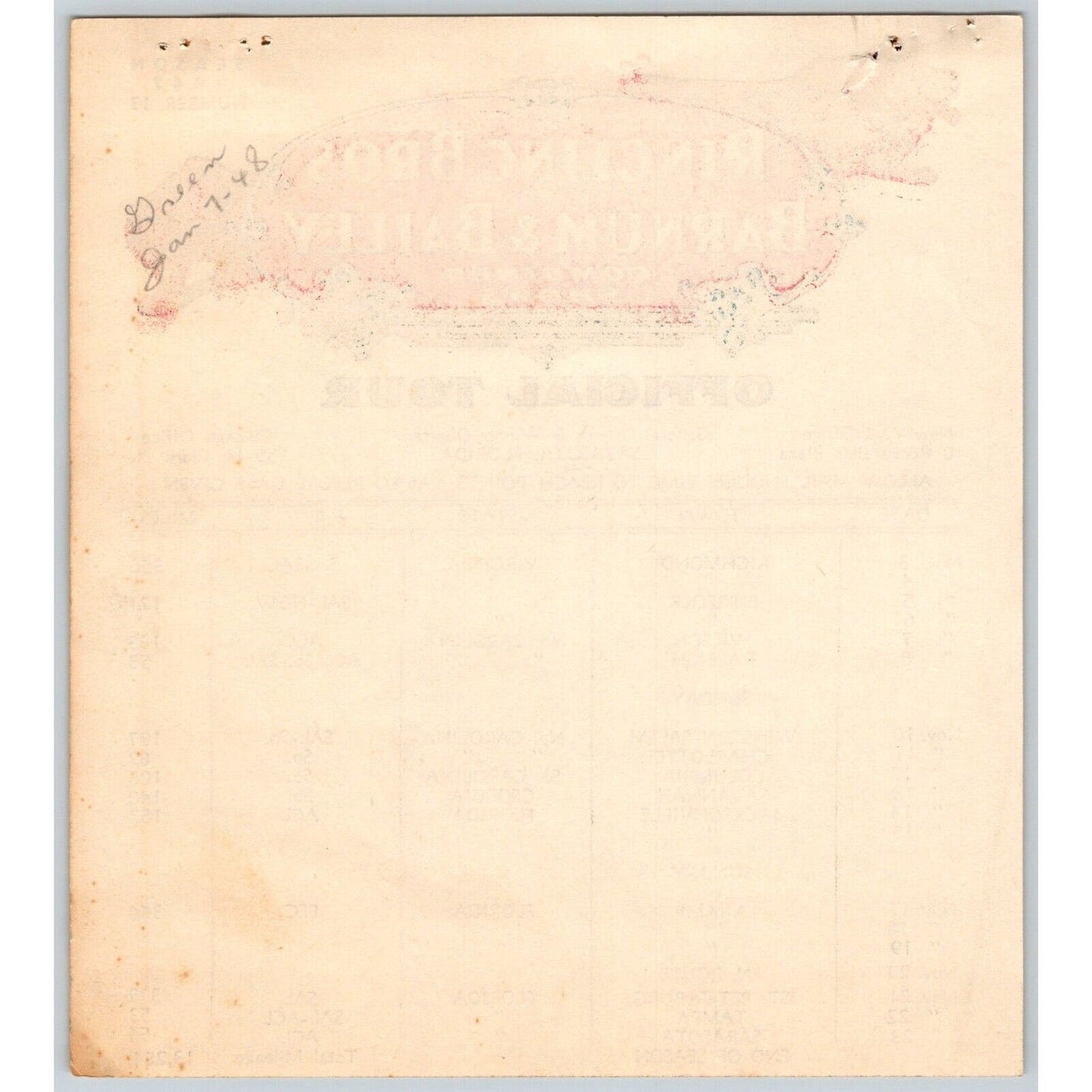 1947 Ringling Bros Barnum Bailey Circus Route Card Richmond Norfolk Miami Tampa