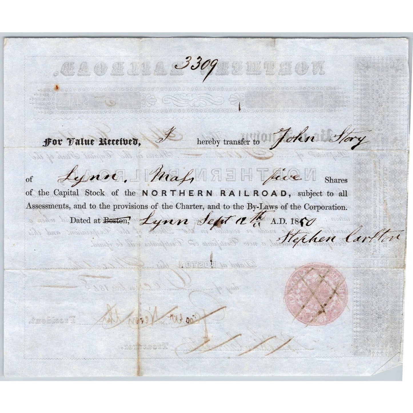 1848 Boston, MA Northern Railroad Stock Certificate No. 4643 for 5 Shares