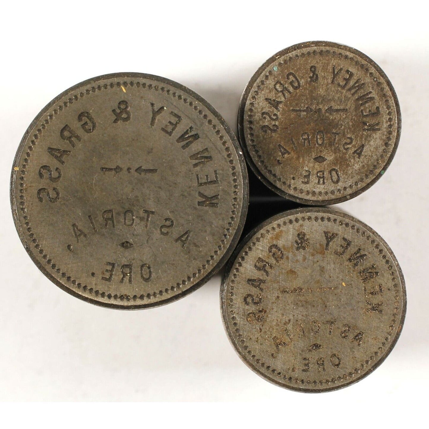 3 Late 1800's Early 1900's Western Brass Token Dies - Kenny & Grass Astoria, ORE