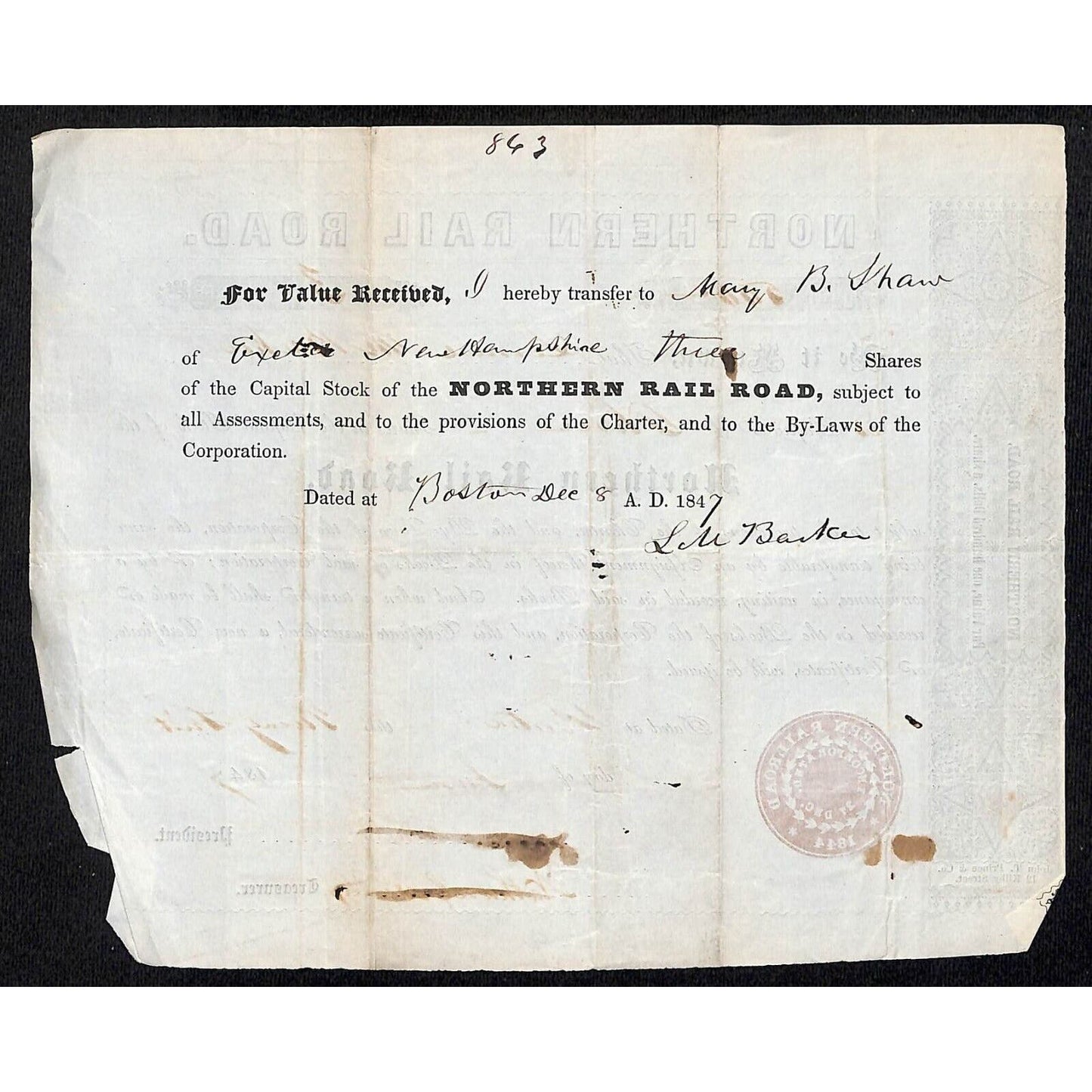 1847 Boston MA Northern Railroad Stock Certificate No. 500 for 3 Shares