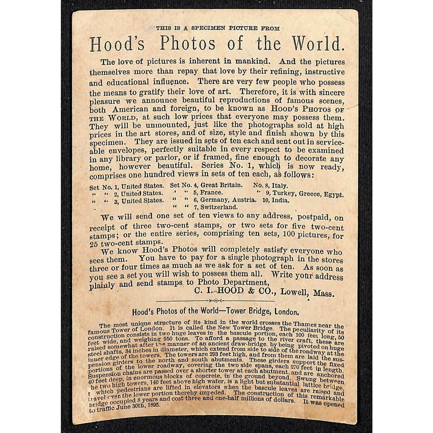 c1898 Victorian Trade Card "Hood's Photo of the World" Tower Bridge London