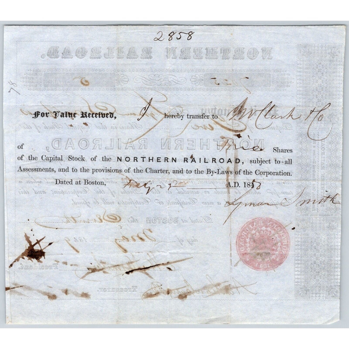 1849 Boston, MA Northern Railroad Stock Certificate No. 7023 for 5 Shares