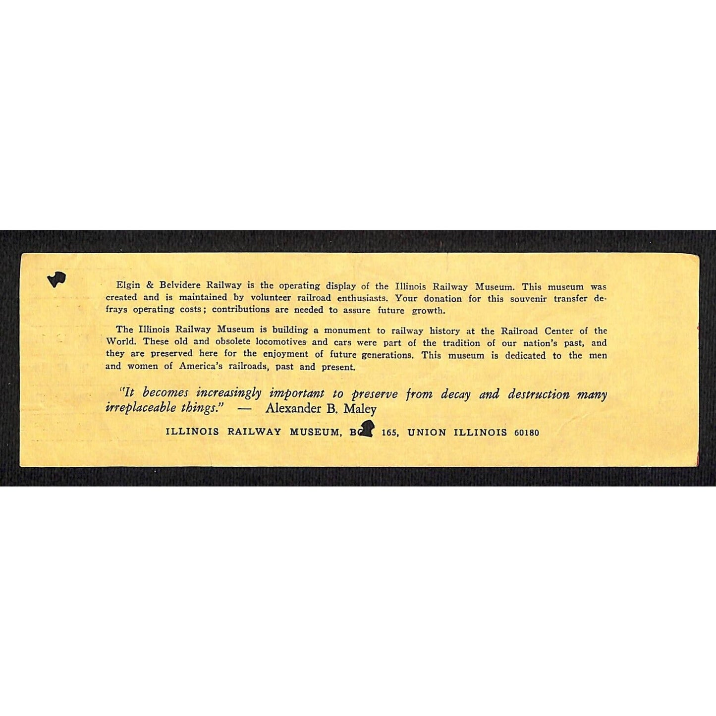 Elgin & Belvidere Railway Illinois Railway Museum Souvenir Transfer Ticket #4843