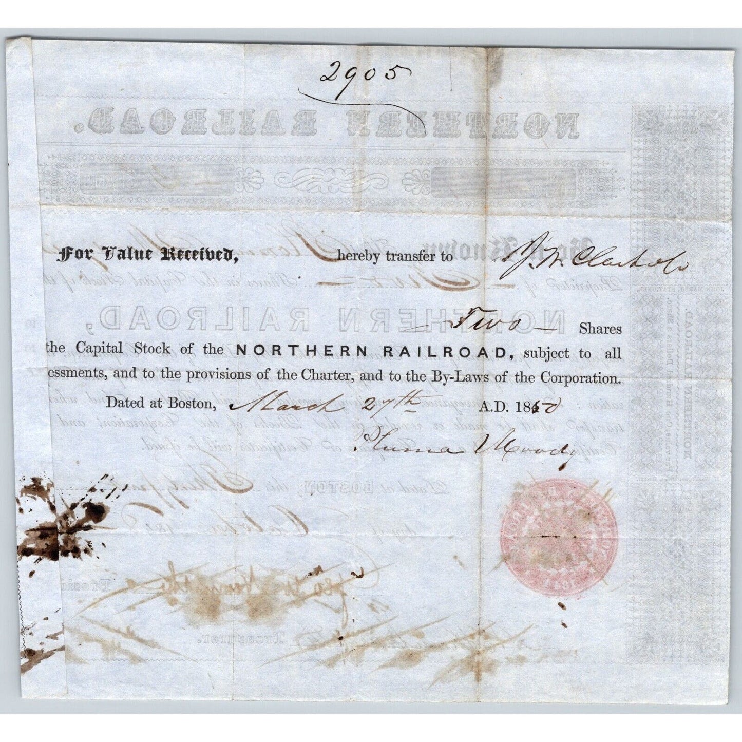 1848 Boston, MA Northern Railroad Stock Certificate No. 4289 for 2 Shares