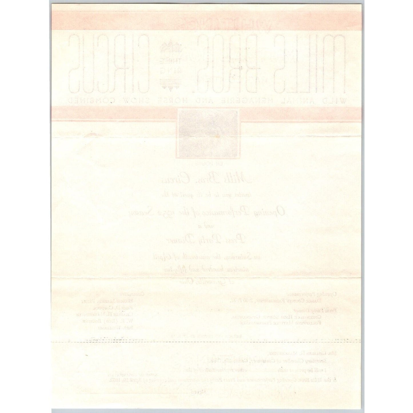 Miller Bros. 3 Ring Circus Letterhead re: Press Party Dinner c1952 Scarce