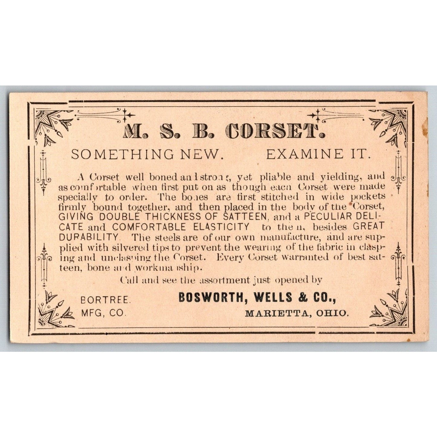 Bosworth, Wells & Co. MSB Corset Marietta, OH Victorian Trade Card Hand Fan