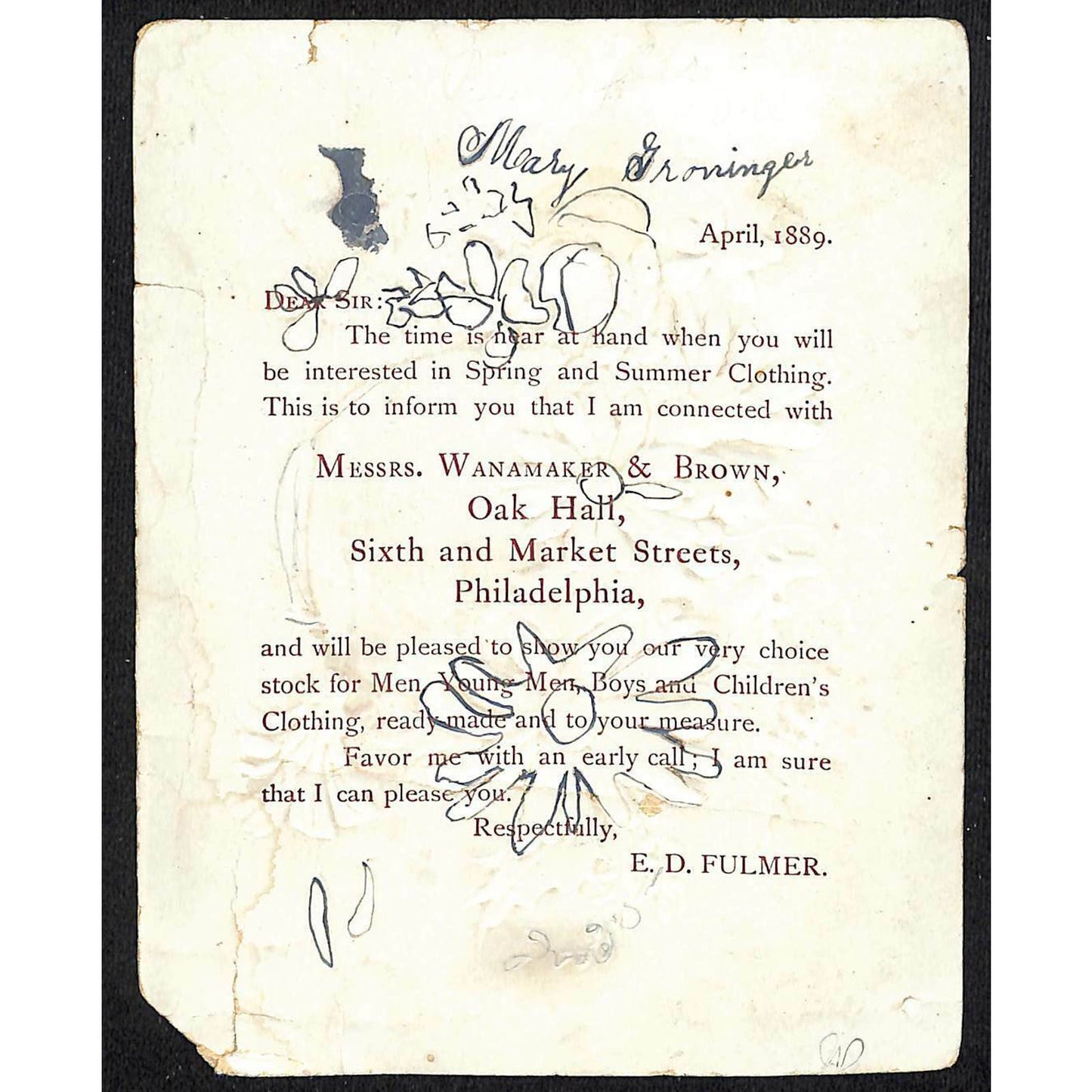 1889 Victorian Trade Card - Wanamaker & Brown Clothing Philadelphia Flowers
