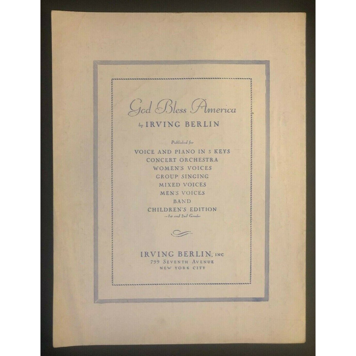 Vintage 1939 Sheet Music "God Bless America" Irving Berlin