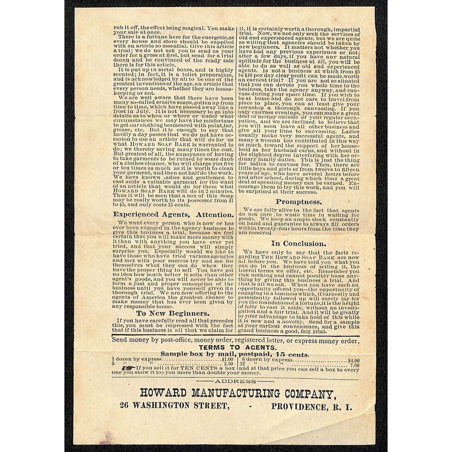 Providence, RI Howard Soap Bark Single Advertising Sheet c1890-1910 Very Scarce