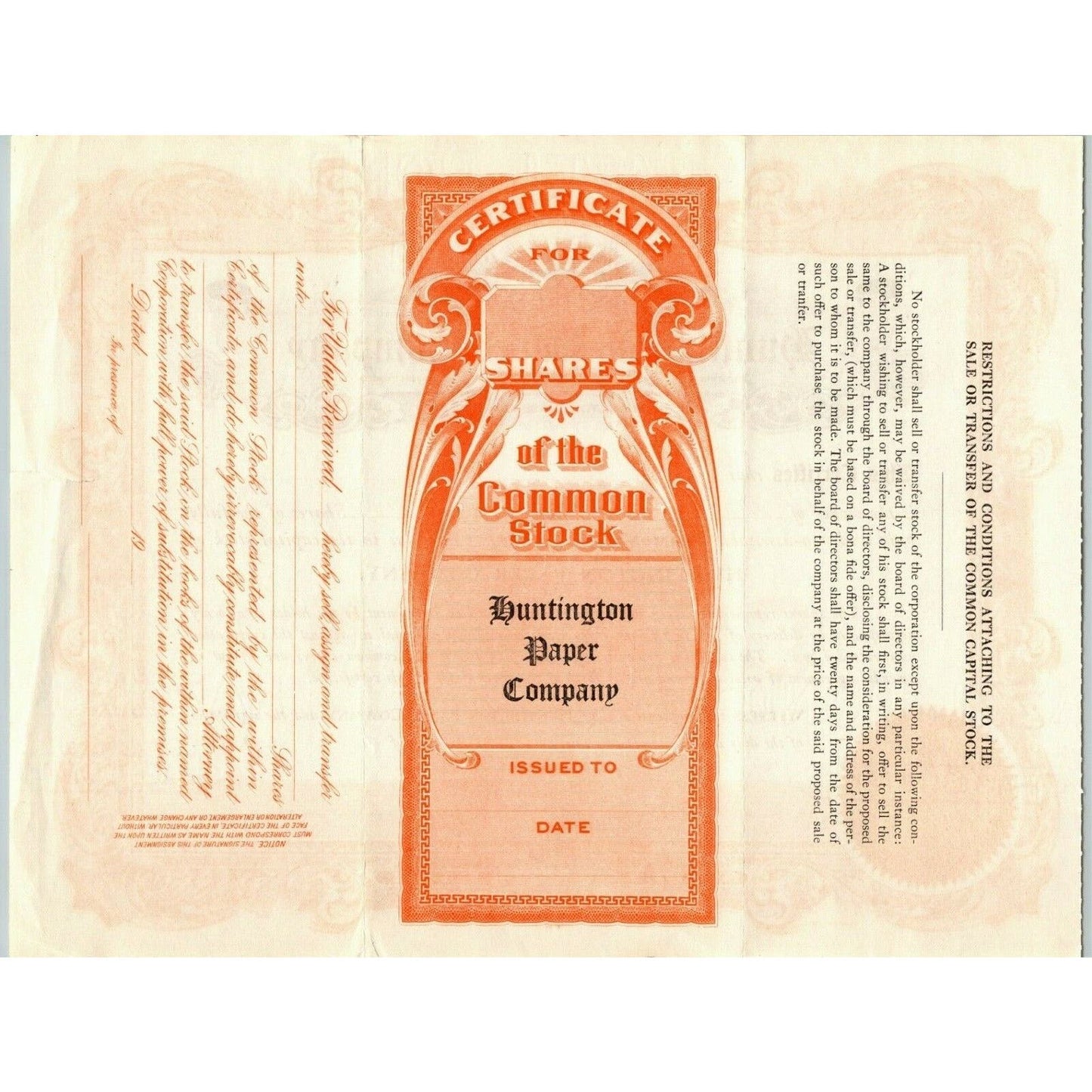 Vintage c1930's Stock Certificate "Huntington Paper Company" MASS