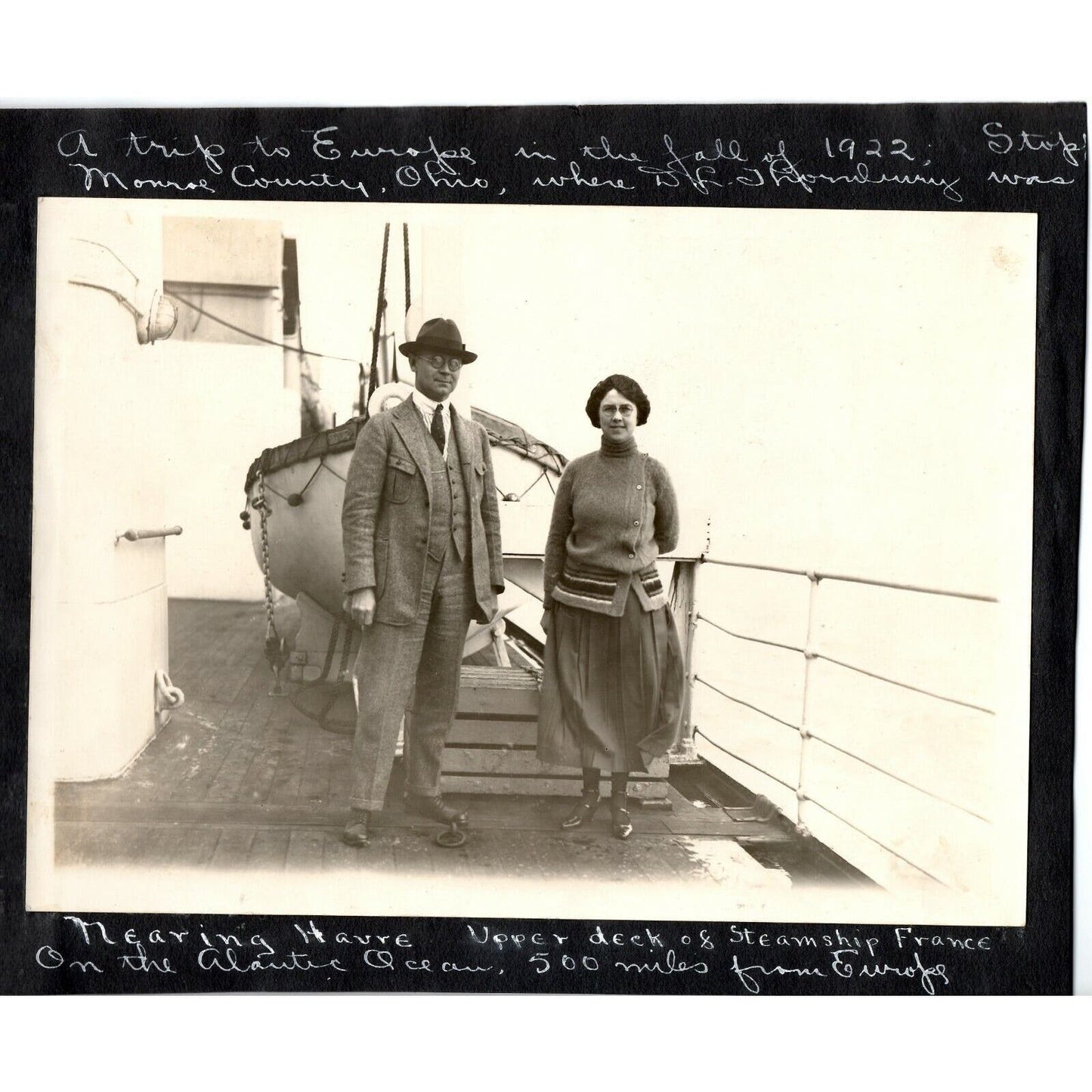 1922 Photograph - Couple Poses on Upper Deck of CGT SS France on Atlantic Ocean