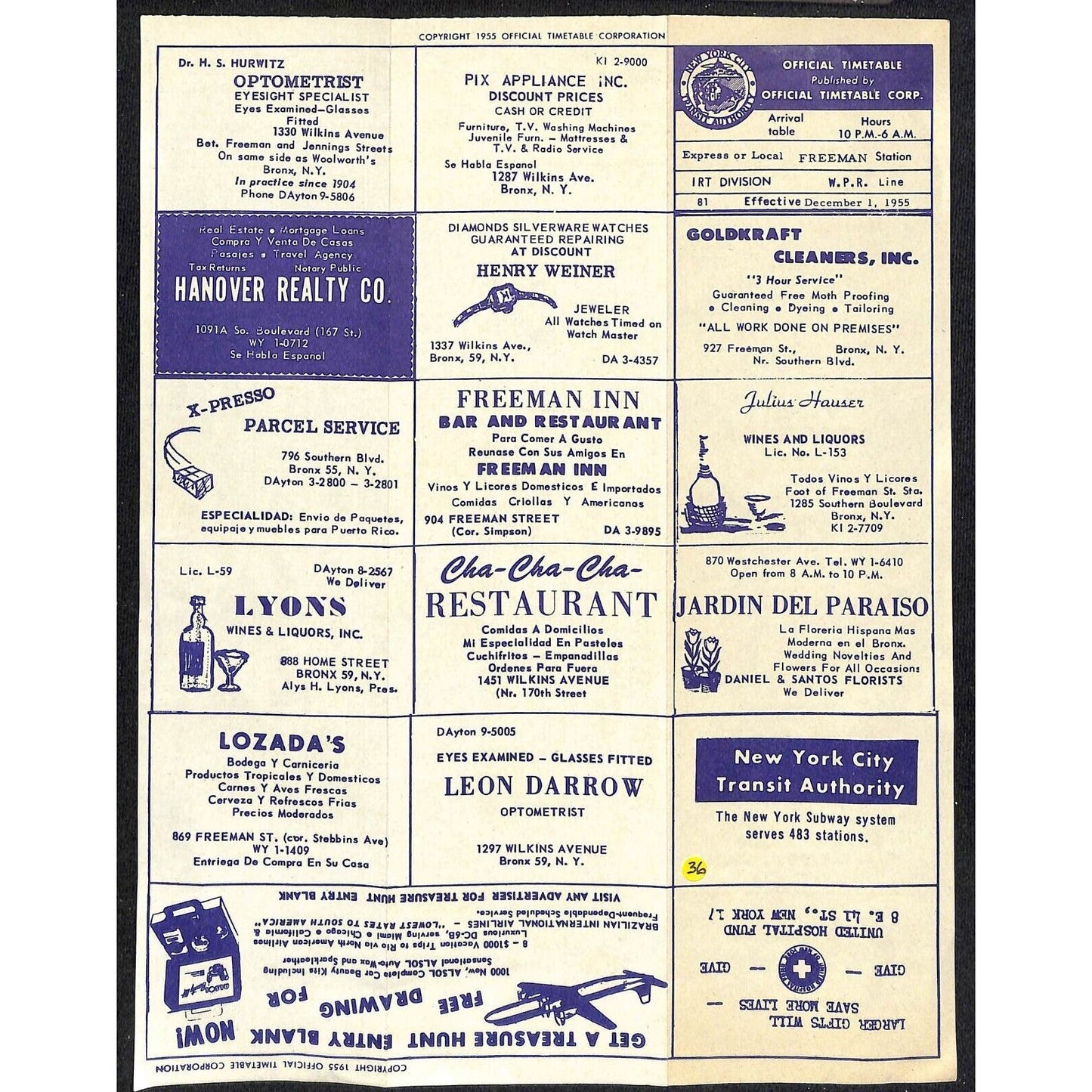 1955 New York Transit Schedule Freeman St. W.P.R. (White Plains Line) Local Ads