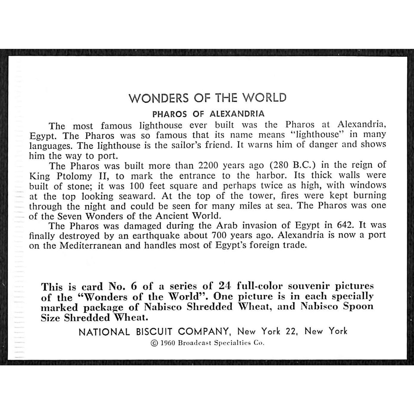 "Pharos of Alexandria" Wonders of the World 1960 National Biscuit Card No. 6