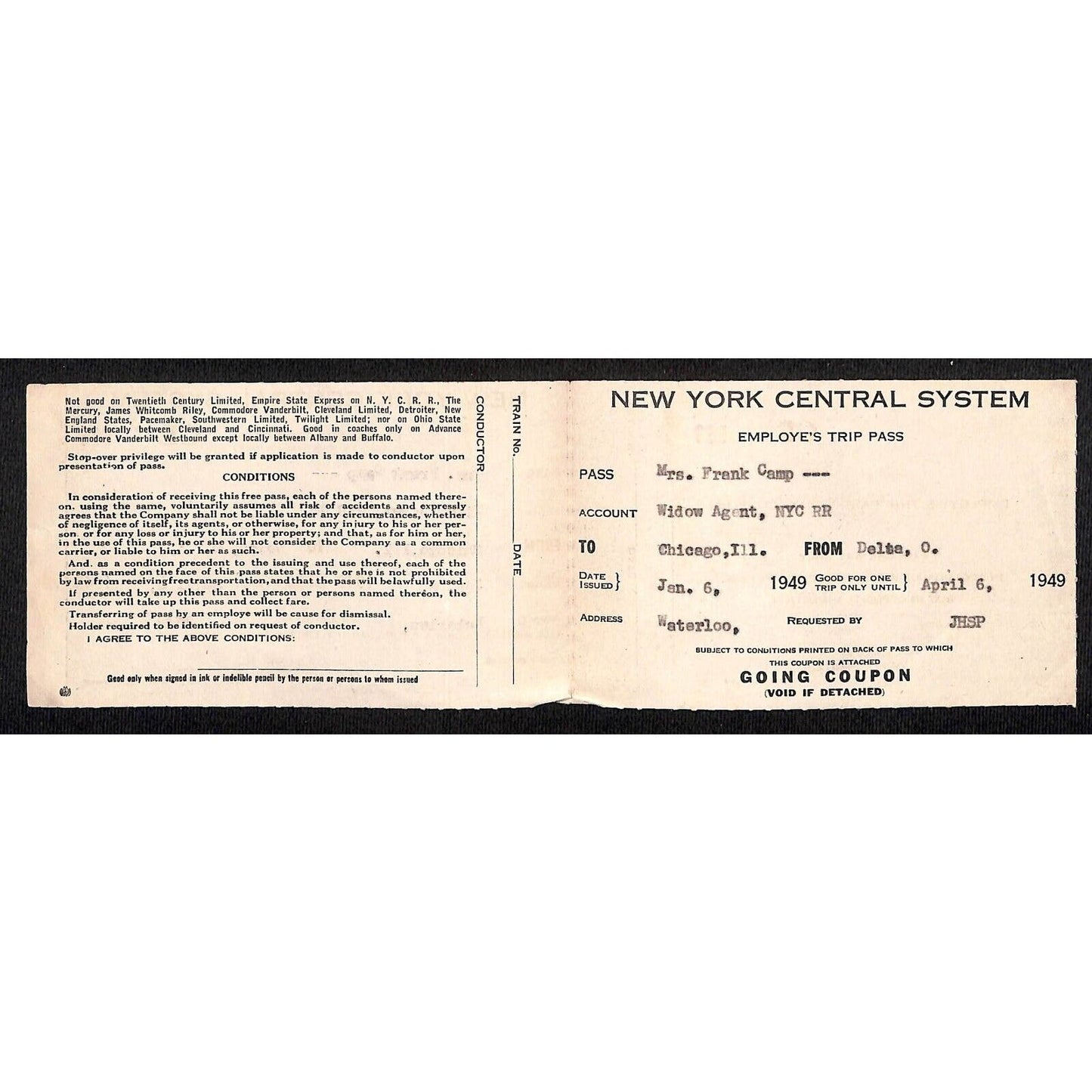 New York Central System Railroad 1949 Employe's Trip Pass #583