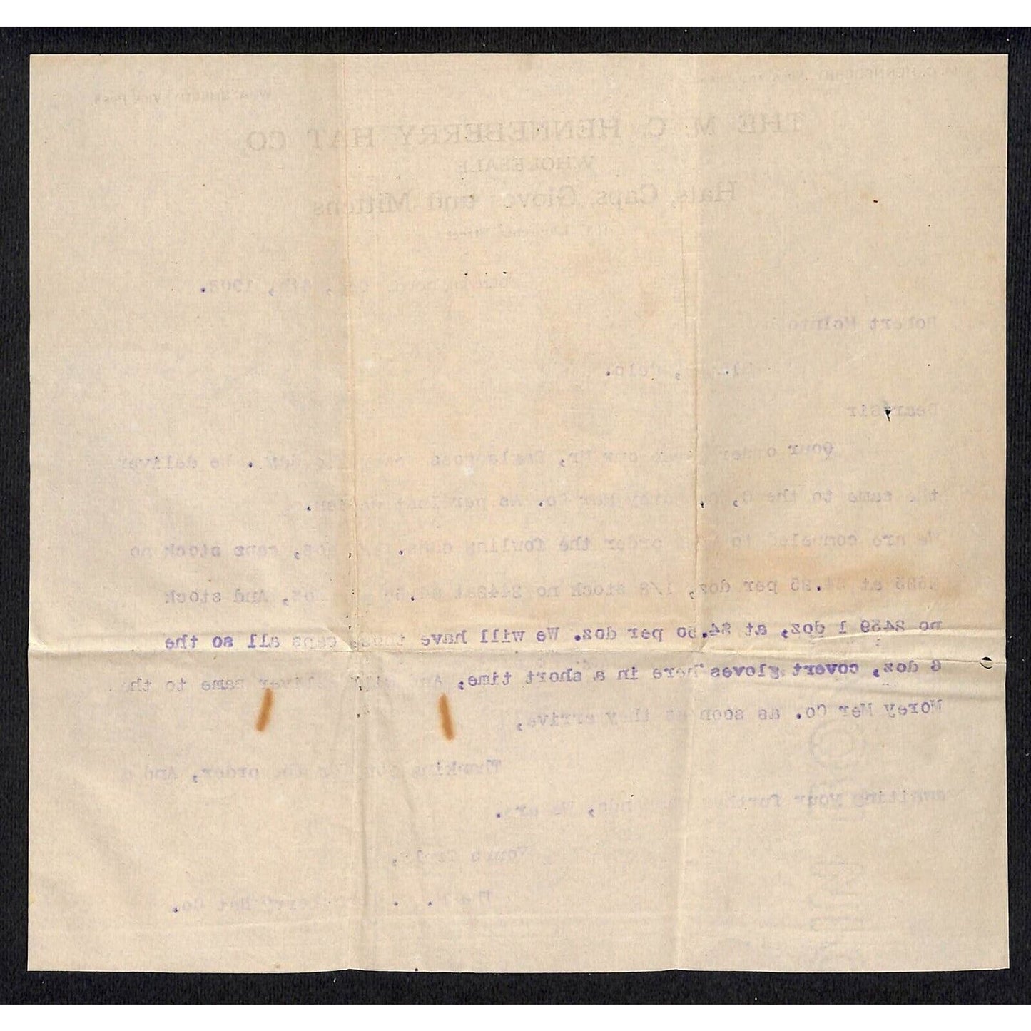 Denver, CO M.C. Henneberry Hat Co. Hats Caps Gloves Mittens 1908 letterhead