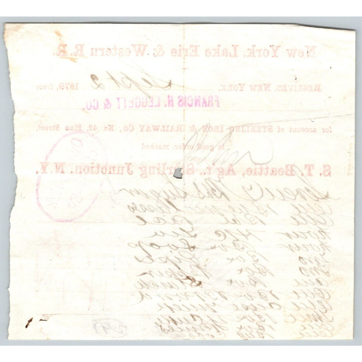 New York, Lake Erie & Western R.R. 1879 Railroad Freight Billhead Leggett & Co.