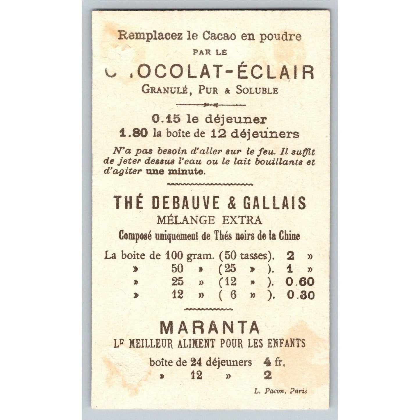 French Victorian Trade Card "Chocolat Debauve & Gallais" Passage Difficile